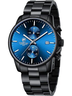 Men's Black And Blue Face Stainless Steel Waterproof Chronograph Quartz Watch